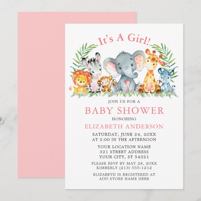 Watercolor Safari Animals Girl Pink Baby Shower Invitation (Front/Back)