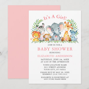 Watercolor Safari Animals Girl Pink Baby Shower Invitation