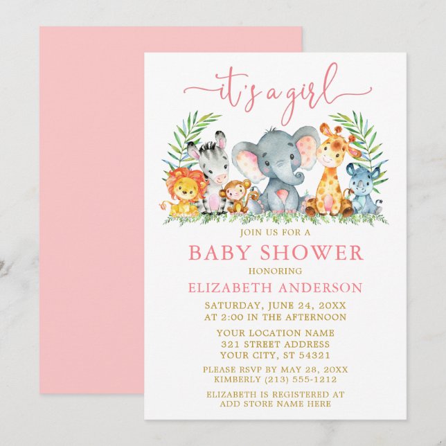 Watercolor Safari Animals Girl Pink Script Shower Invitation (Front/Back)