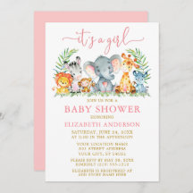 Watercolor Safari Animals Girl Pink Script Shower