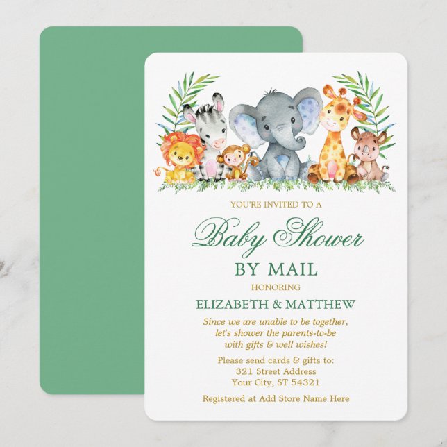 Watercolor Safari Animals Gold Shower by Mail Invitation (Front/Back)
