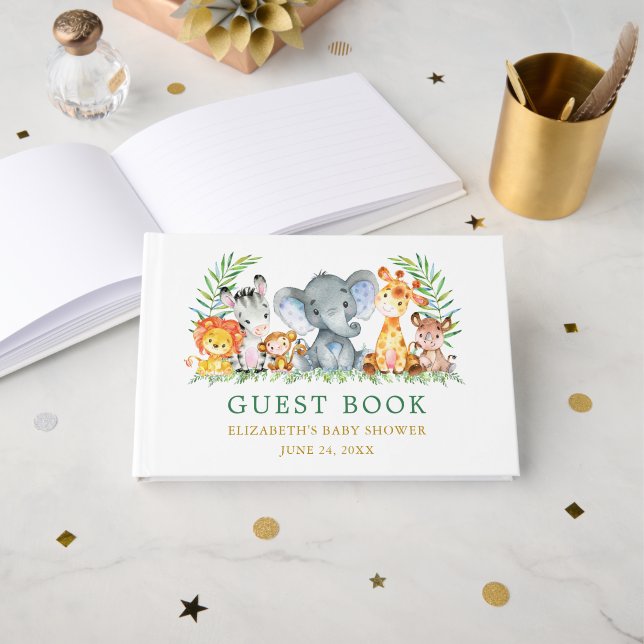 Watercolor Safari Animals Green Baby Shower Guest Book (Front Open)