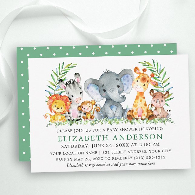 Watercolor Safari Animals Green Dots Baby Shower Invitation (Customize to change text color, size or text style.)