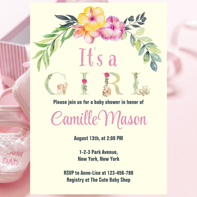 Watercolor Safari Animals It's A Girl Baby Shower Invitation (It's a girl Floral and Animal Customizable Baby Shower Invitation Card.)