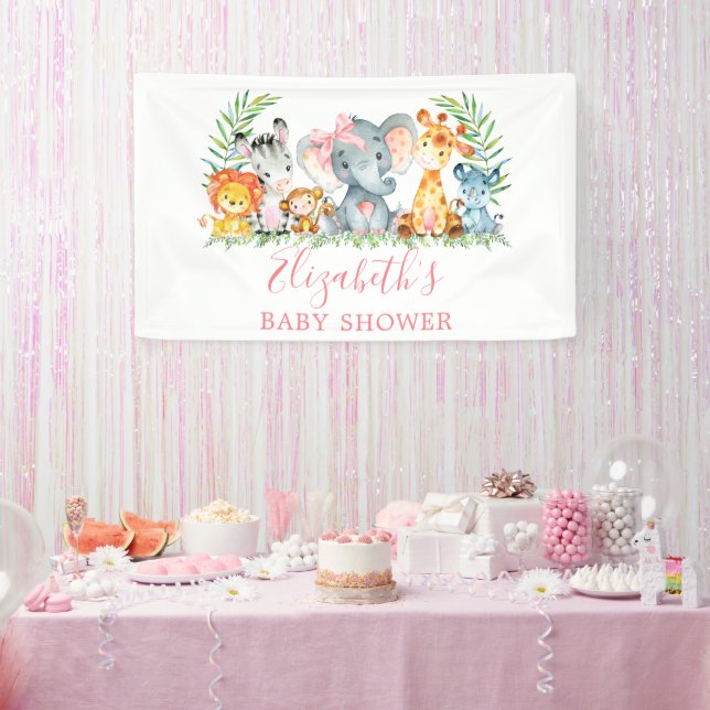 Watercolor Safari Animals Pink Bow Baby Shower Banner (Party)