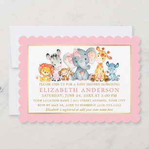 Watercolor Safari Animals Pink Bow Baby Shower Invitation