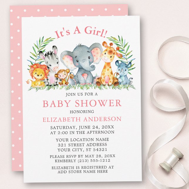 Watercolor Safari Animals Pink Dots Baby Shower Invitation (Customize to change text color, size or text style.)