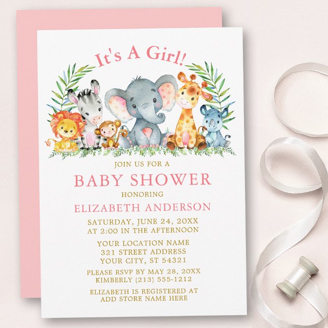 Watercolor Safari Animals Pink Gold Baby Shower Invitation (Customize to change text color, size, text style or to change color of back of card.)