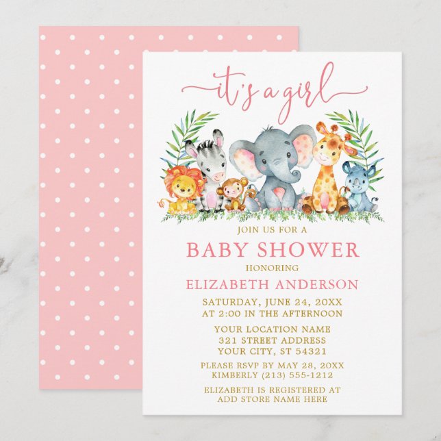 Watercolor Safari Animals Pink Script Girl Shower Invitation (Front/Back)