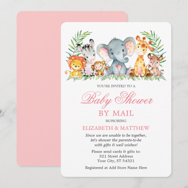 Watercolor Safari Animals Pink Shower by Mail Invitation (Front/Back)