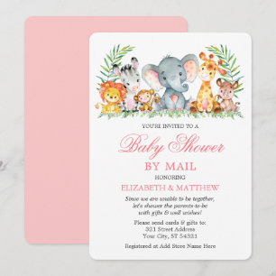 Watercolor Safari Animals Pink Shower by Mail Invitation