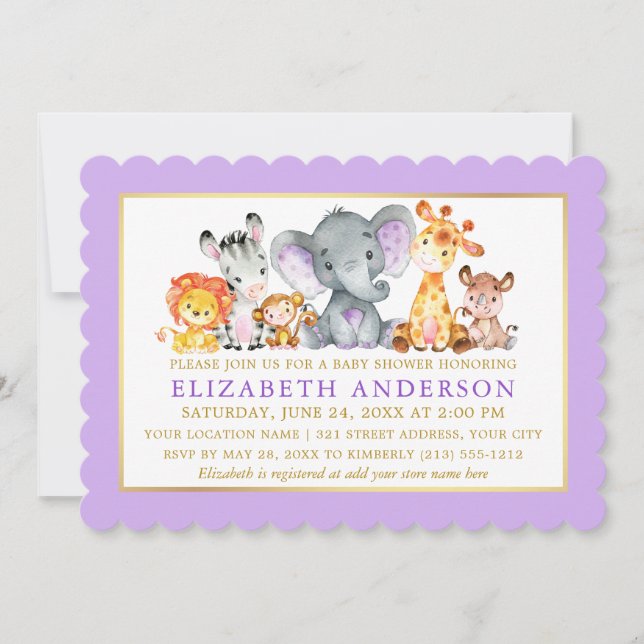 Watercolor Safari Animals Purple Gold Baby Shower Invitation (Front)