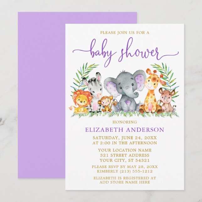 Watercolor Safari Animals Purple Shower Gold Invitation (Front/Back)