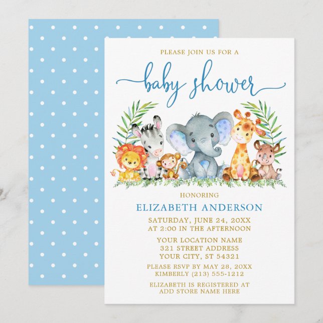 Watercolor Safari Animals Shower Blue Script Gold Invitation (Front/Back)