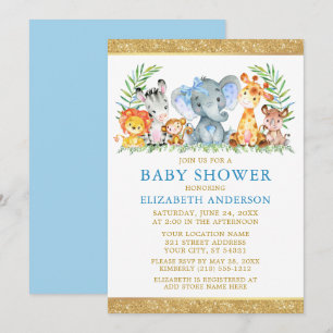 Watercolor Safari Animals Shower Glitter Blue Bow Invitation