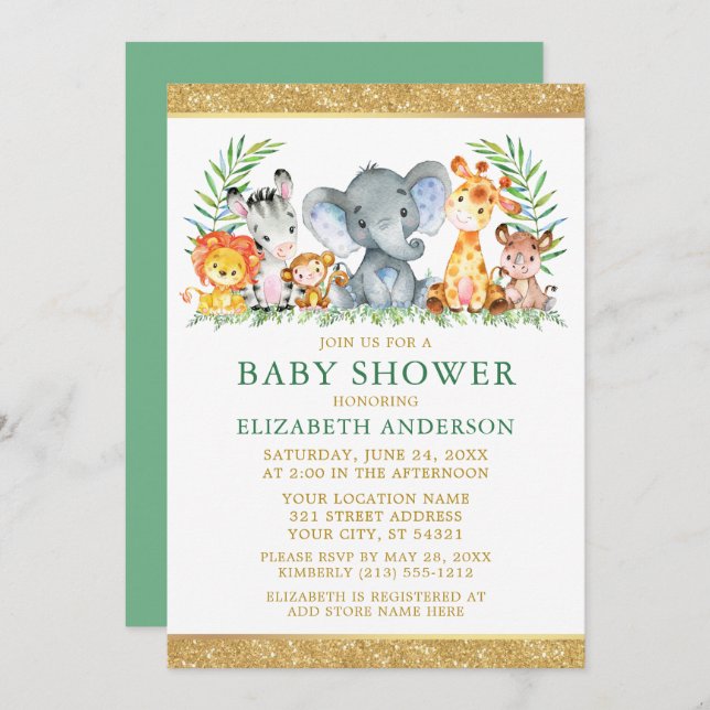 Watercolor Safari Animals Shower Glitter Green Invitation (Front/Back)
