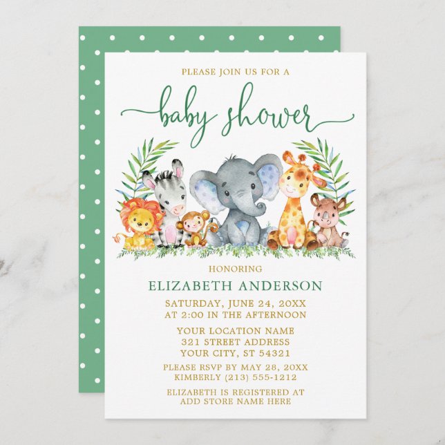 Watercolor Safari Animals Shower Green Script Gold Invitation (Front/Back)