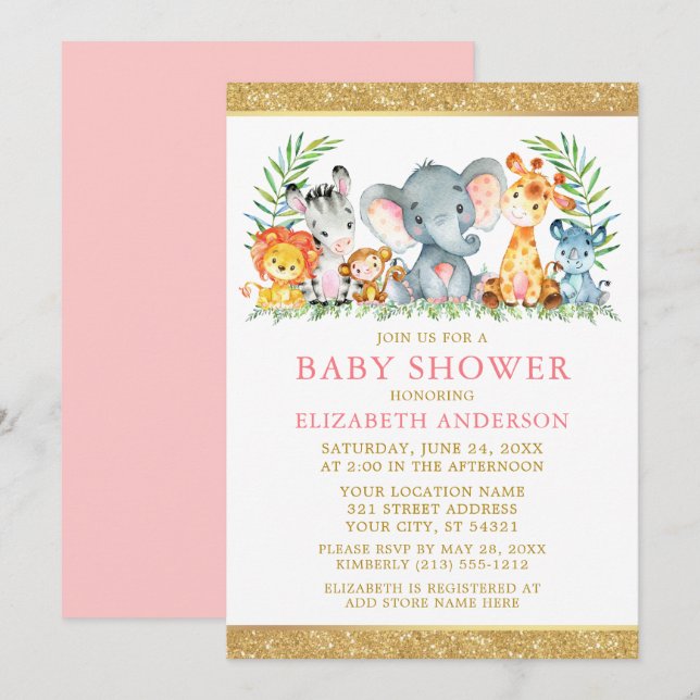 Watercolor Safari Animals Shower Pink Gold Glitter Invitation (Front/Back)