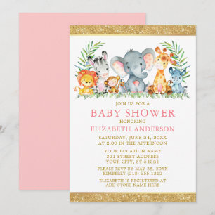 Watercolor Safari Animals Shower Pink Gold Glitter Invitation