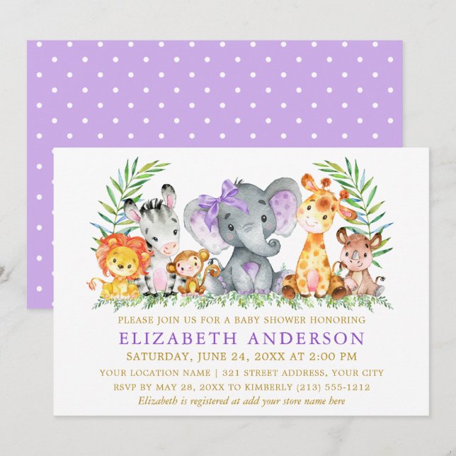 Watercolor Safari Animals Shower Violet Bow Dots Invitation (Front/Back)