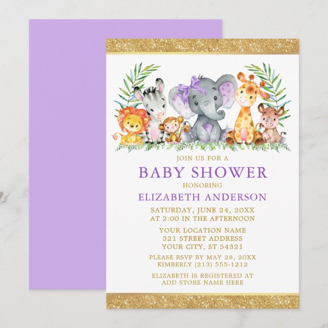Watercolor Safari Animals Shower Violet Glitter Invitation (Front/Back)