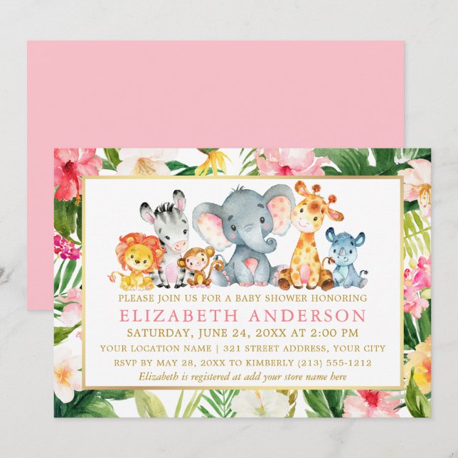 Watercolor Safari Animals Tropical Baby Shower Invitation (Front/Back)