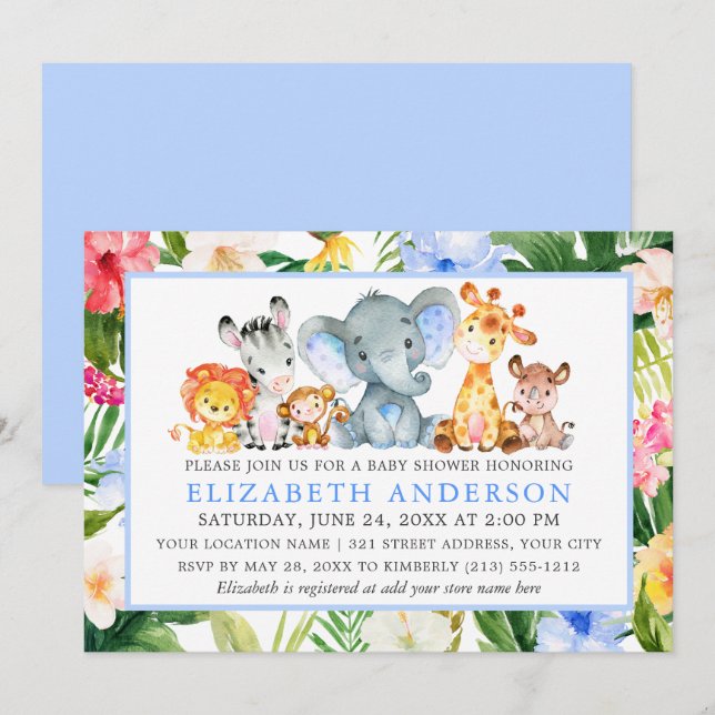 Watercolor Safari Animals Tropical Blue Shower Invitation (Front/Back)