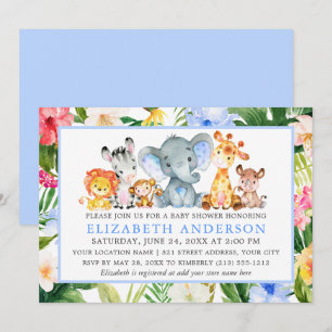 Watercolor Safari Animals Tropical Blue Shower Invitation