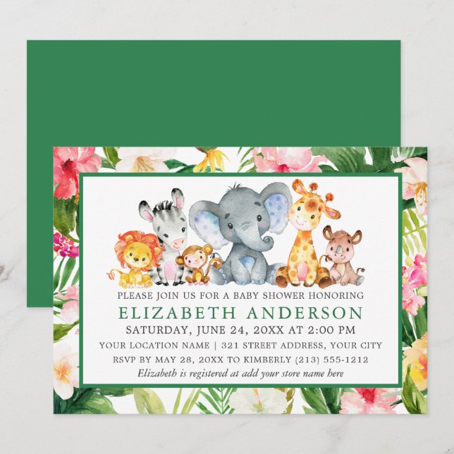 Watercolor Safari Animals Tropical Green Shower Invitation (Front/Back)