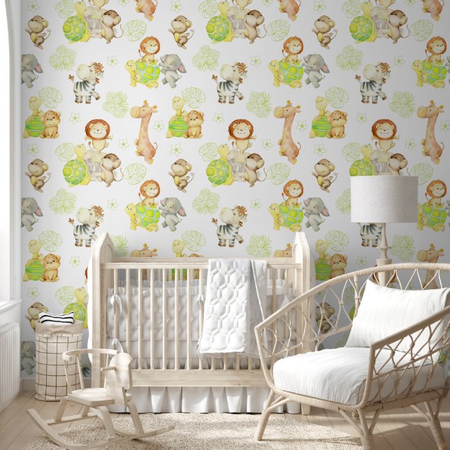 Watercolor Safari Animals Tropical Leaves Nursery  Wallpaper (Kids)