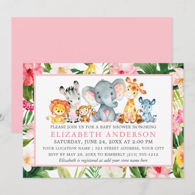 Watercolor Safari Animals Tropical Pink Shower Invitation (Front/Back)