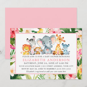Watercolor Safari Animals Tropical Pink Shower Invitation