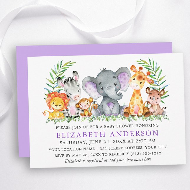 Watercolor Safari Animals Violet Baby Shower Invitation (Customize to change text color, size, text style or change color of back of card.)