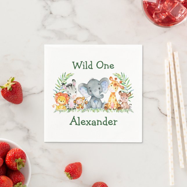 Watercolor Safari Animals Wild One 1st Birthday Napkin (Insitu)