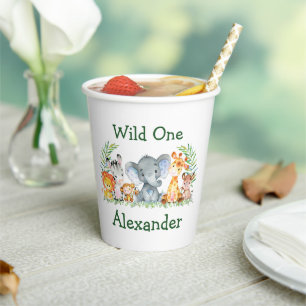 Watercolor Safari Animals Wild One 1st Birthday Paper Cups