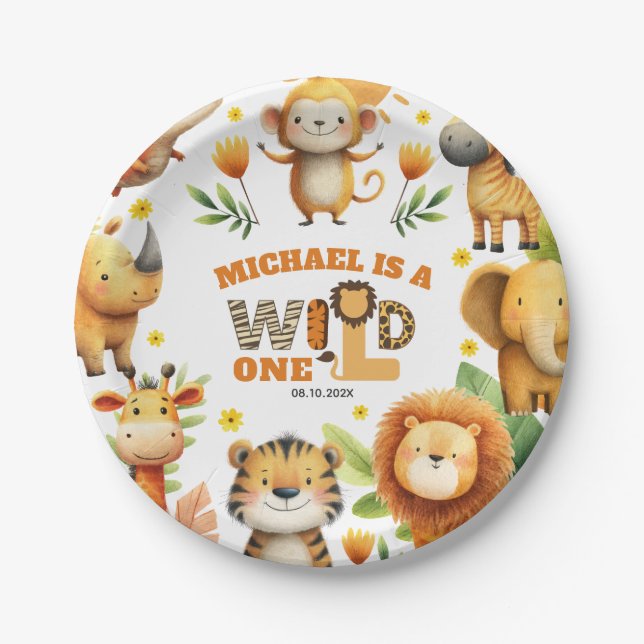 Watercolor Safari Animals WILD ONE 1st Birthday Paper Plate (Front)