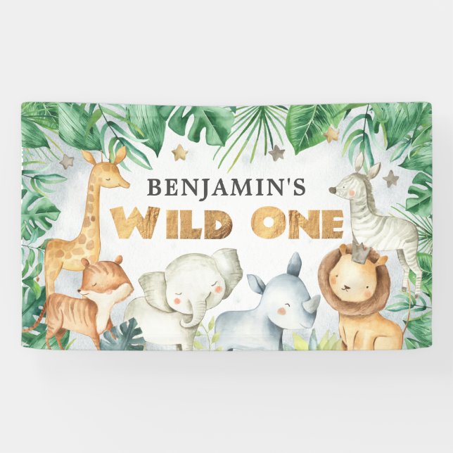 Watercolor Safari Animals Wild One Birthday Banner (Horizontal)