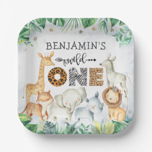 Watercolor Safari Animals Wild One Birthday Paper Plate