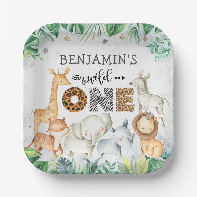 Watercolor Safari Animals Wild One Birthday Paper Plate (Front)