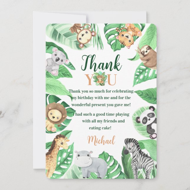 Watercolor Safari Animals Wild One Birthday Thank You Card (Front)