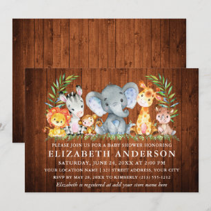 Watercolor Safari Animals Wood Baby Shower Invitation