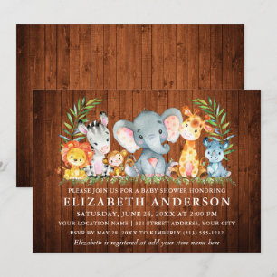 Watercolor Safari Animals Wood Girl Baby Shower Invitation