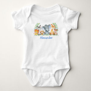 Watercolor Safari Baby Animals Blue Elephant Bodysuit