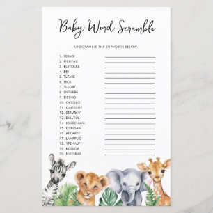 Watercolor Safari Baby Shower Baby Word Scramble