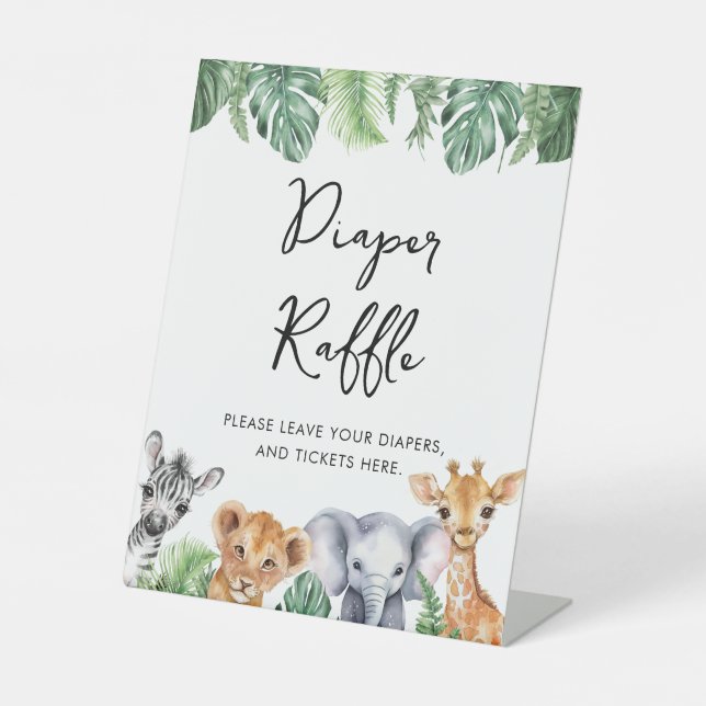 Watercolor Safari Baby Shower Diaper Raffle Pedestal Sign (Front)