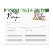 Watercolor Safari Baby Shower Recipe Card