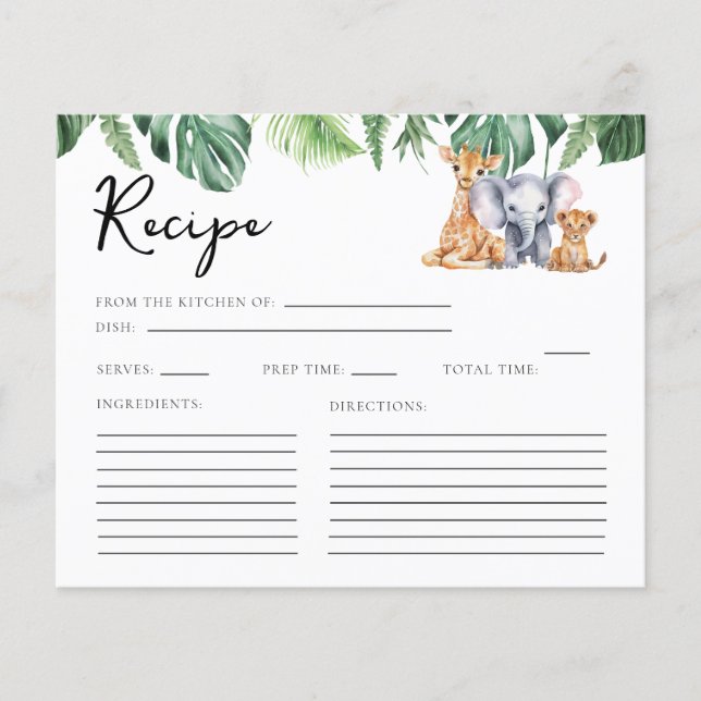 Watercolor Safari Baby Shower Recipe Card (Front)