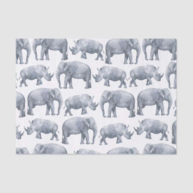 Watercolor Safari Elephants & Rhinos Pattern Tissue Paper (Front)