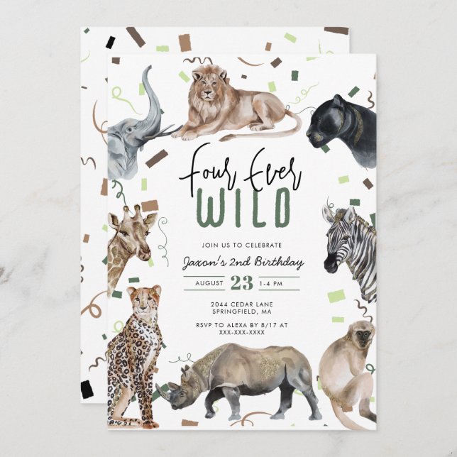 Watercolor Safari Four Ever Wild Birthday  Invitation (Front/Back)