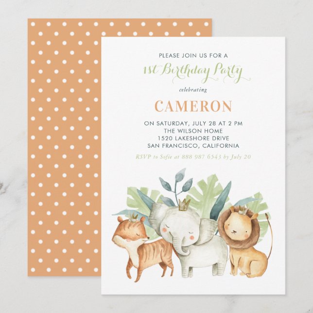 Watercolor Safari Friends Kids Birthday Party Invitation (Front/Back)